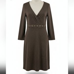 Ann Taylor Loft SZ 4 Heather Brown Empire Waist Classic Overall Dress 3/4 Sleeve